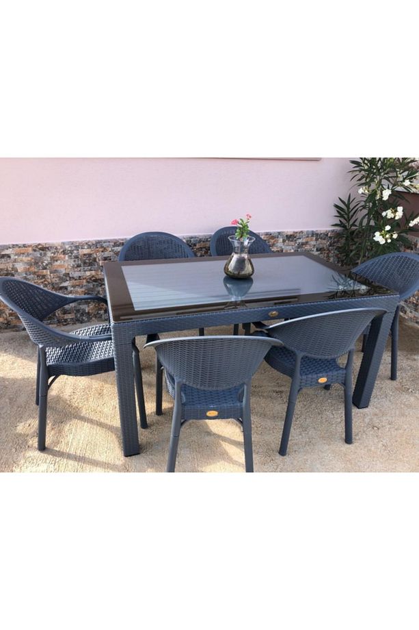 Capissi Rattan Antrasit Masa Takımı 90*150 Camlı Masa 6 Adet Bambu Rattan Koltuk - 4