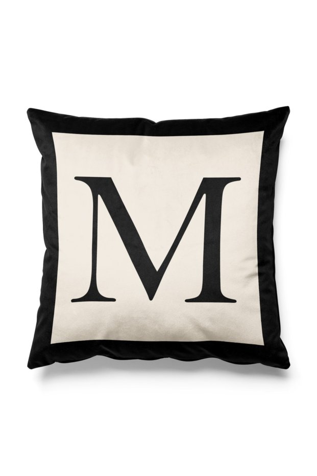 Black and Beige Colored Double Sided Printed Throw Pillow Cover with M Letter Figure