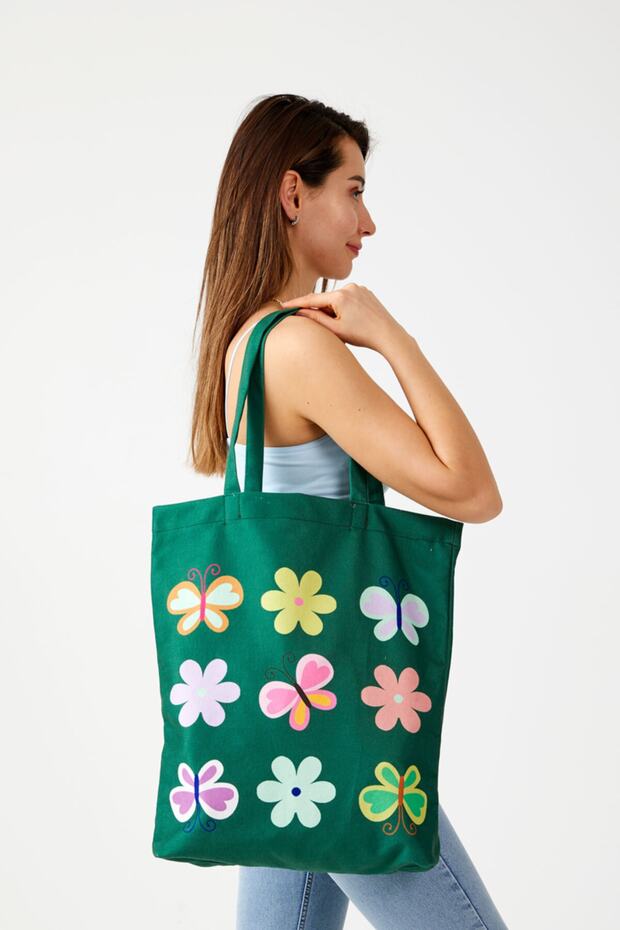 Ays Home Green Butterfly Cloth Beach Shopping Shoulder Bag