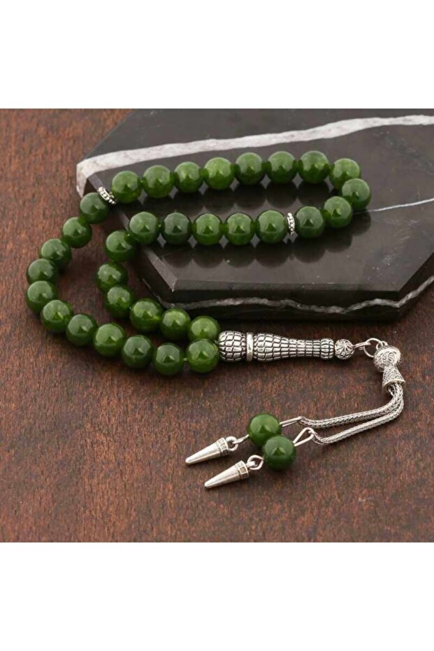 ?natural Stone Green Jade Rosary with Metal Tassels
