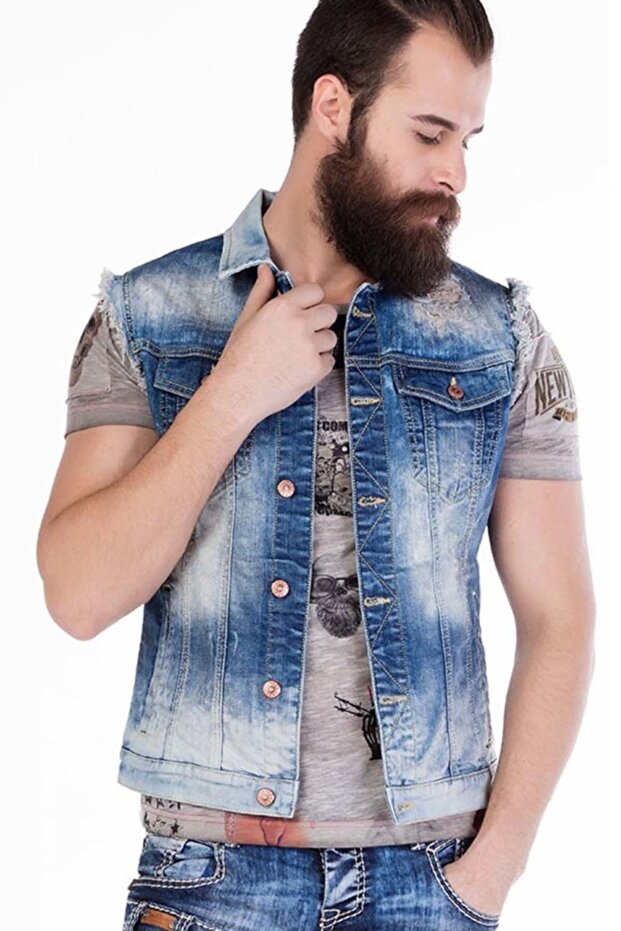 Cw107 Men's Blue Denim Vest with Ripped and Ripped