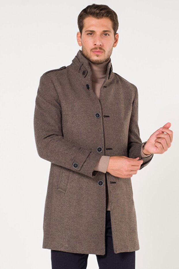 Men's Gray Brown Stand-Up Belted Collar Stamp Custom Coat