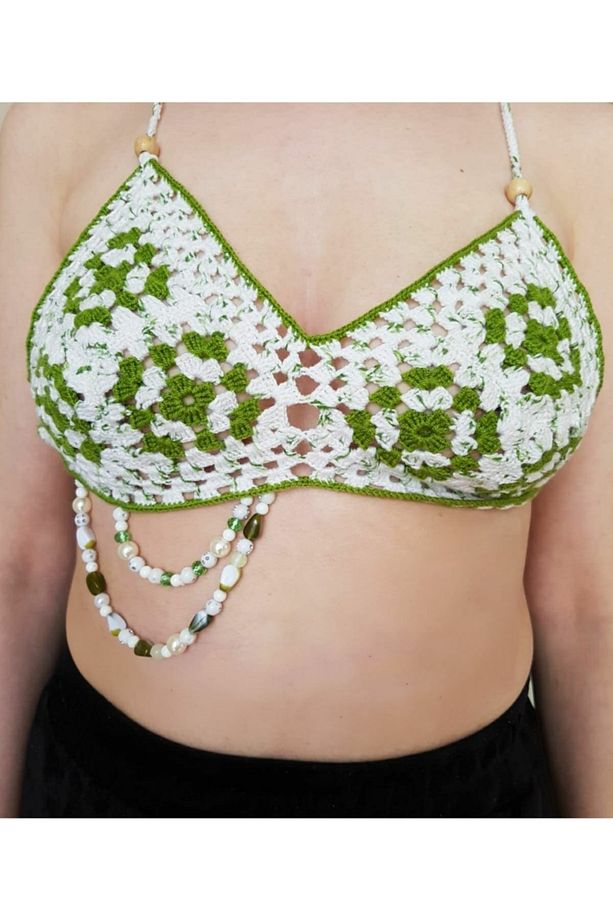 El Örgüsü Bikini Üstü Örgü Crop Top Yeşil Beyaz Bikini - 3