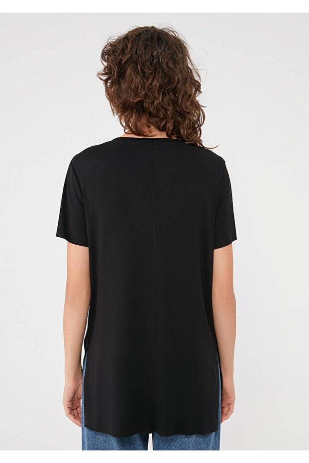 Kadın V Yaka Siyah Basic Tişört 166775-900 - 4