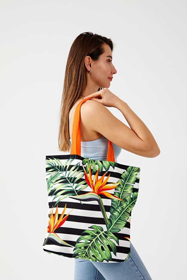 Women's Black White Tropical Leaf Tote Shopping Beach Bag