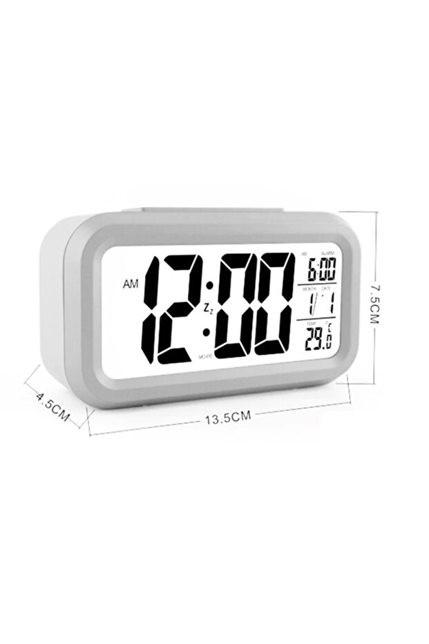 Digital White Table Clock with LCD Light, Sensor, Thermometer and Alarm - 4
