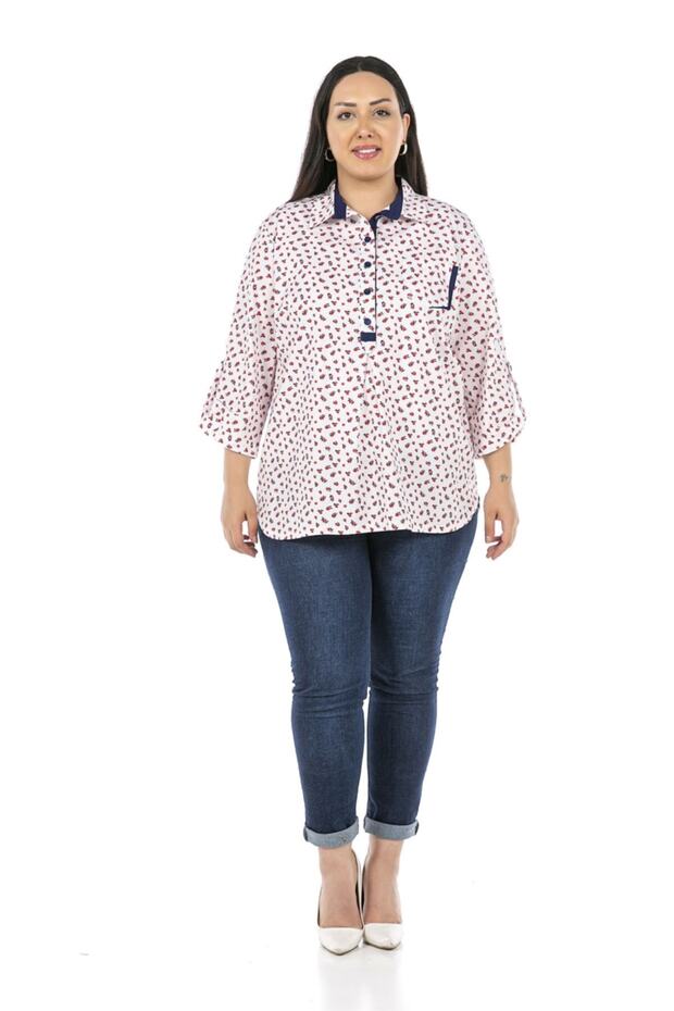 Large Size Floral Patterned Collar and Pocket Garni Detailed Epaulet Three-Quarter Sleeve White Shirt