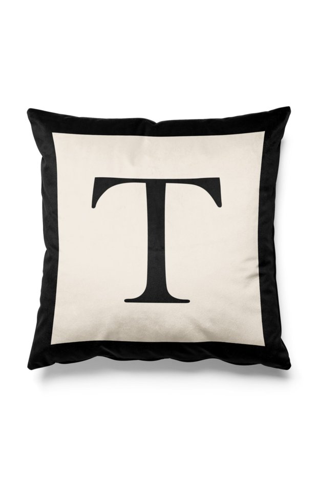Black and Beige Colored Double Sided Printed Throw Pillow Cover with T Letter Figure
