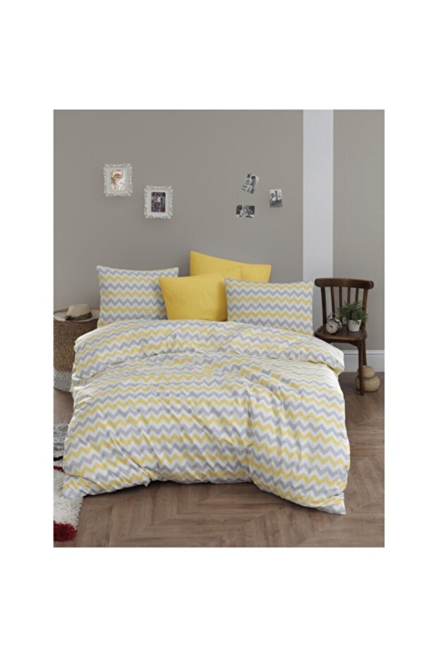 Mer-tim Single Elastic Cotton Ranforce Duvet Cover Set 160x220 - Yellow Zigzag Pattern
