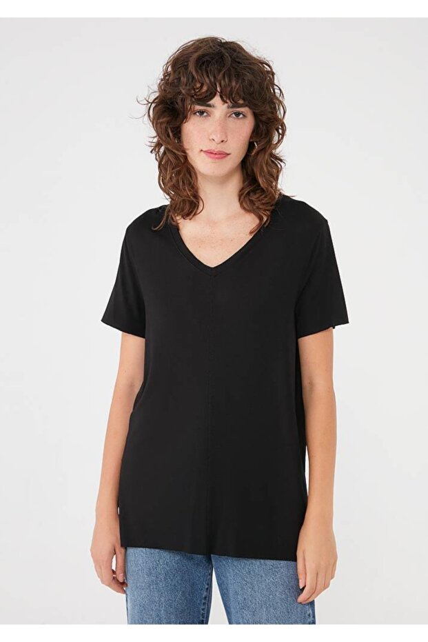 Kadın V Yaka Siyah Basic Tişört 166775-900 - 3