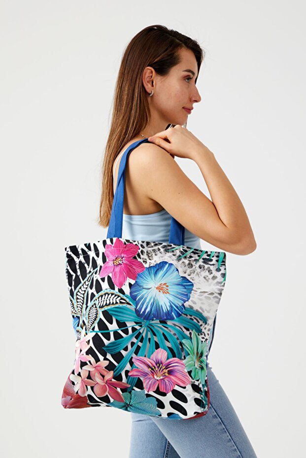 Ays Home Flower Zebra Pattern Cloth Shopping Beach Shoulder Bag