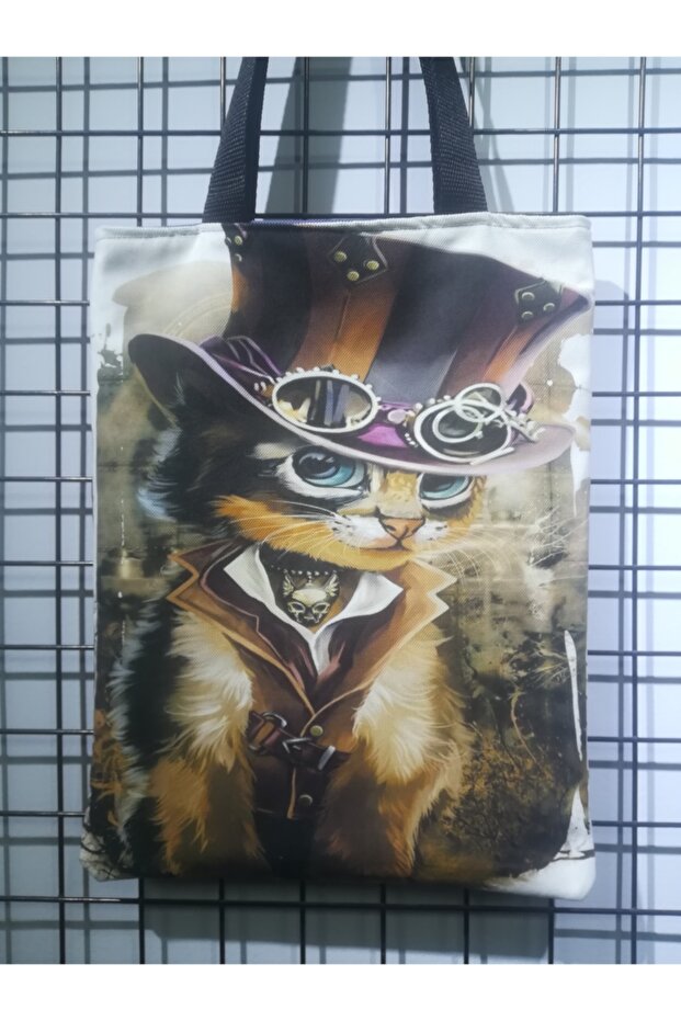 Cat Patterned Design Fabric Shoulder Bag with Hat