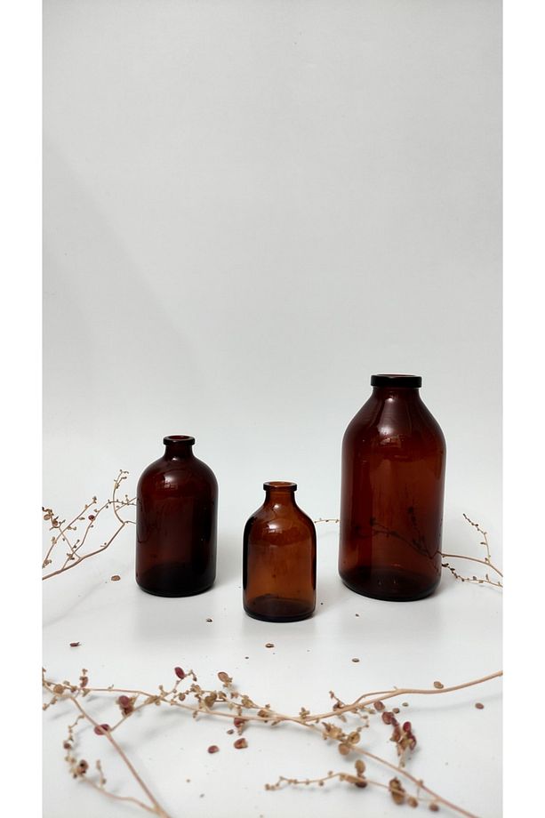 Amber Kahverengi Cam Şişe Vazo Seti 3'lü 50ml 100ml 250 Ml - 1