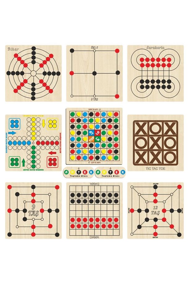Ahşap Oyun Seti 9 Lu, Atla Topla+kızma Birader+dama+3 Taş+9 Taş+12 Taş+bihar+surakarta+tic-tac-toe - 1