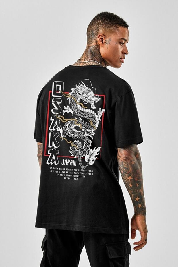 Unisex Black Osaka Japan Printed Oversize Tshirt