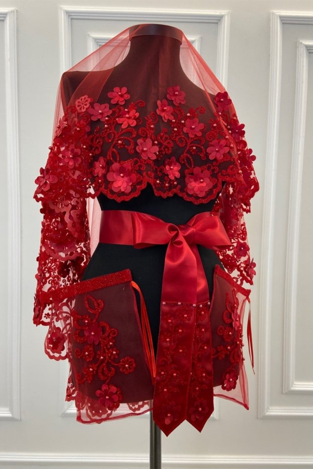 Red Three-Dimensional Luxury Bridal Veil Set, Henna Cover with Silvery Pearls and Laser Flower Decoration 6 Pieces