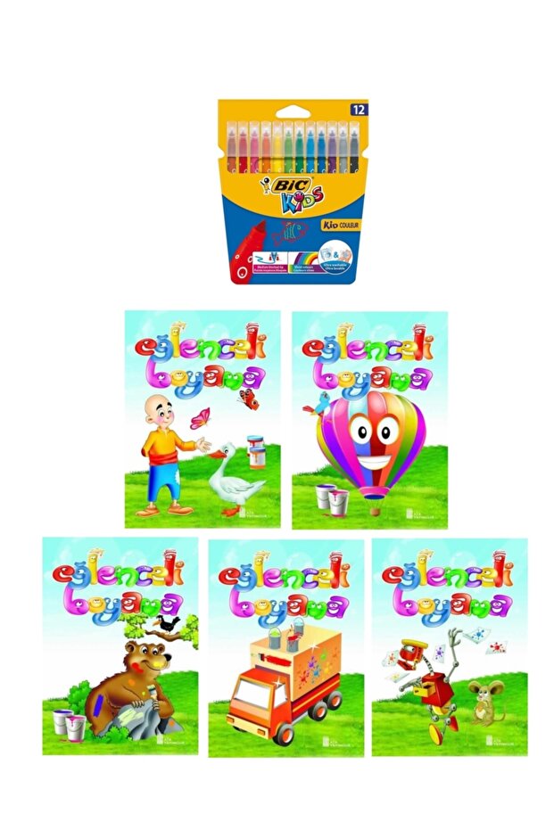 3-6 Years Old Fun Coloring Books 5Pcs +Bic Kids 12Pcs Felt Paint