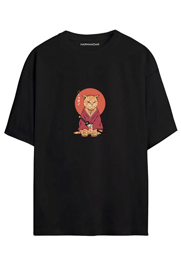 Anime Samurai Cat Printed Unisex Black - White Oversize T-shirt