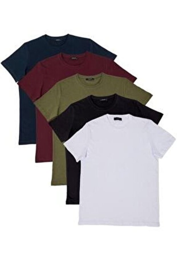 Black White Navy Blue Claret Red Khaki Combed Cotton T-Shirt Pack of 5
