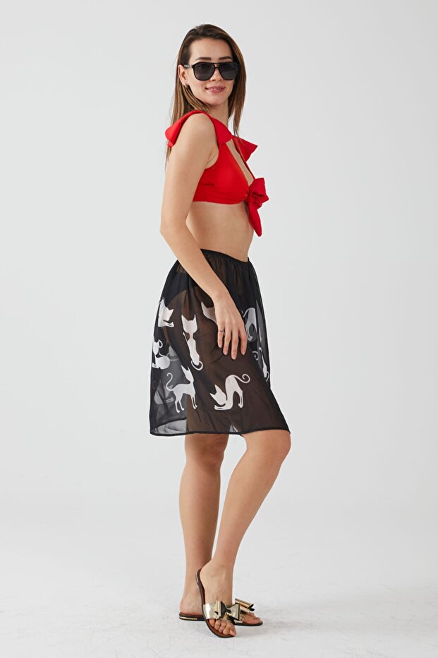 Ays Home Black Cat Patterned Skirt Beachwear