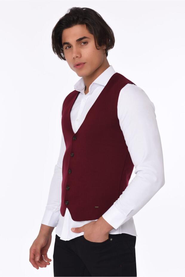 Erkek Bordo Triko Yelek - 2