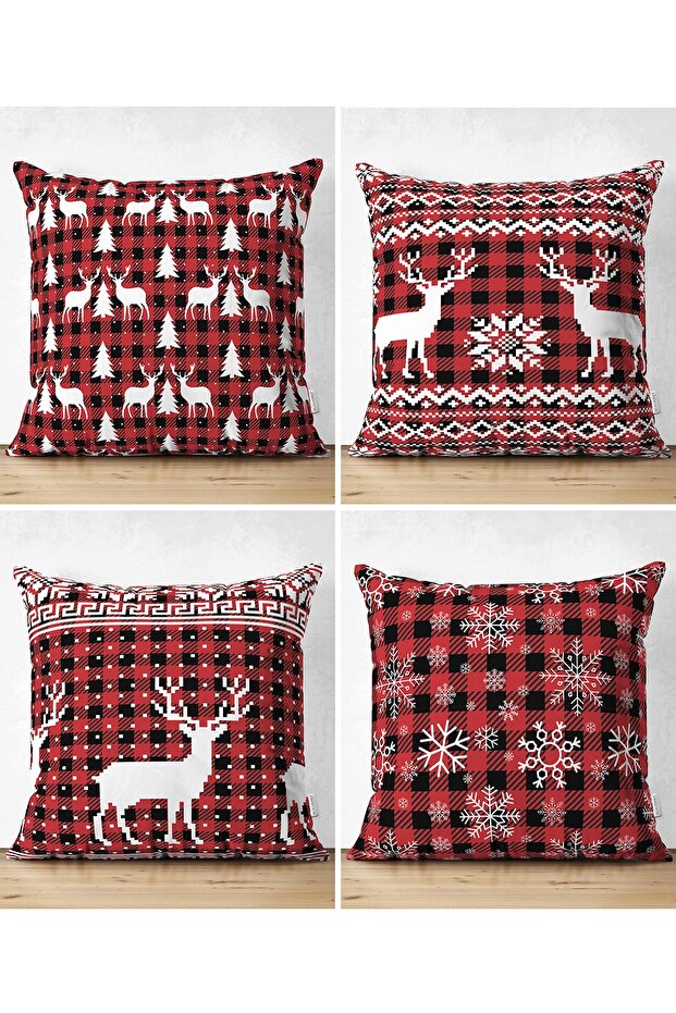 Double Sided 4-Piece New Year's Special Design Plaid Background Deer and Snowflake Combination Suede Throw Pillow Cover