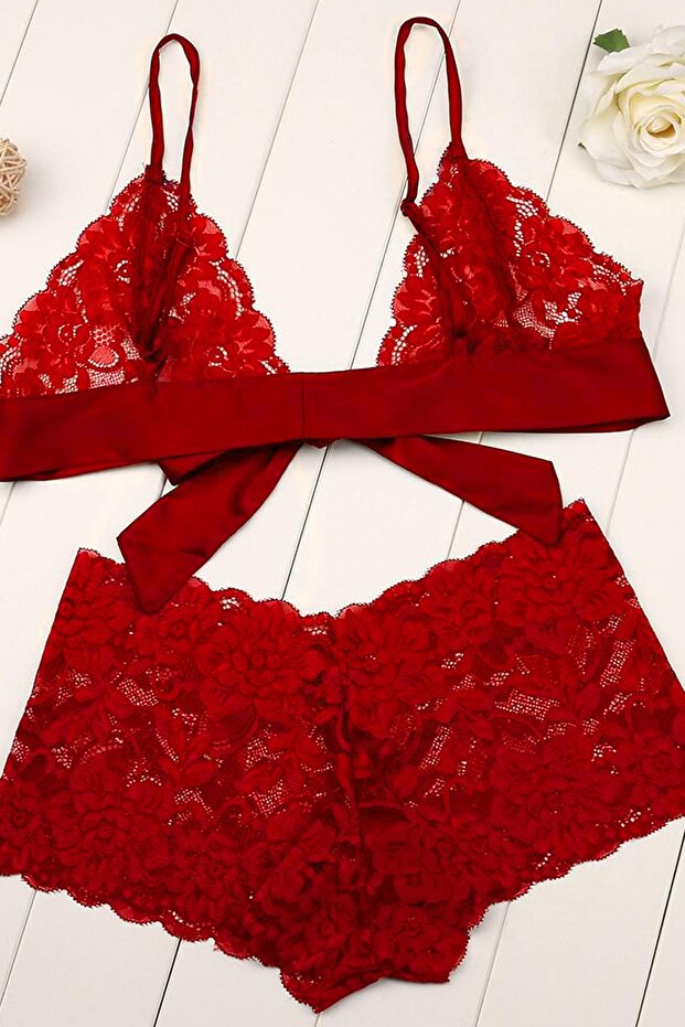 Kadın Kırmızı Dantelli Kurdelalı Sütyen Külot Takımı - 3