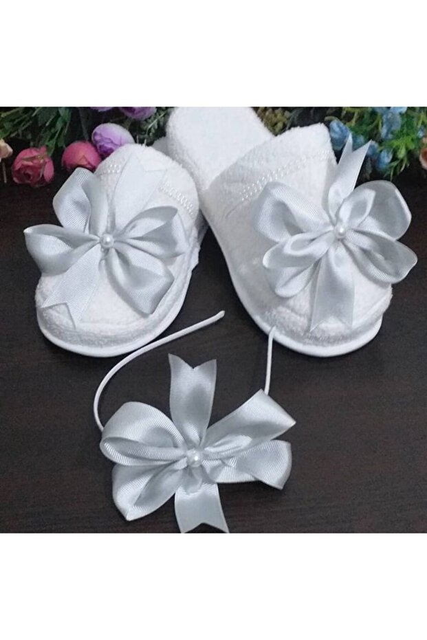 Women's Gray Big Bow Maternity Crown and Maternity Slippers Set – Maternity Set – Maternity Set – Maternity Set