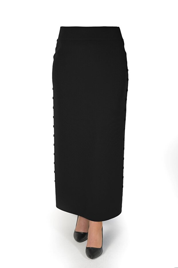 Women's Hijab Side Buttoned Closed Slit Long Plain Black Pencil Skirt