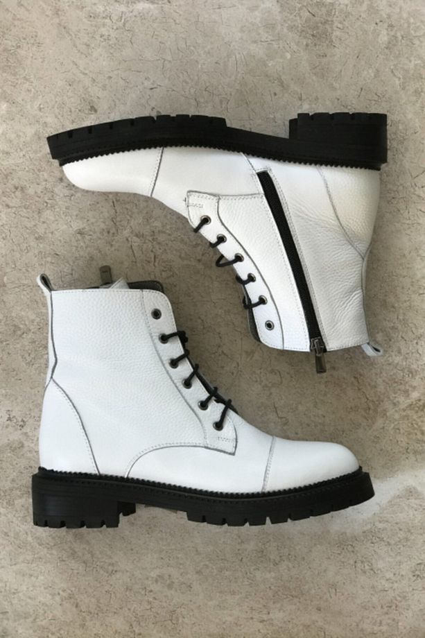 Kadın Beyaz Hakiki Deri Bağcıklı Bot & Bootie - 3