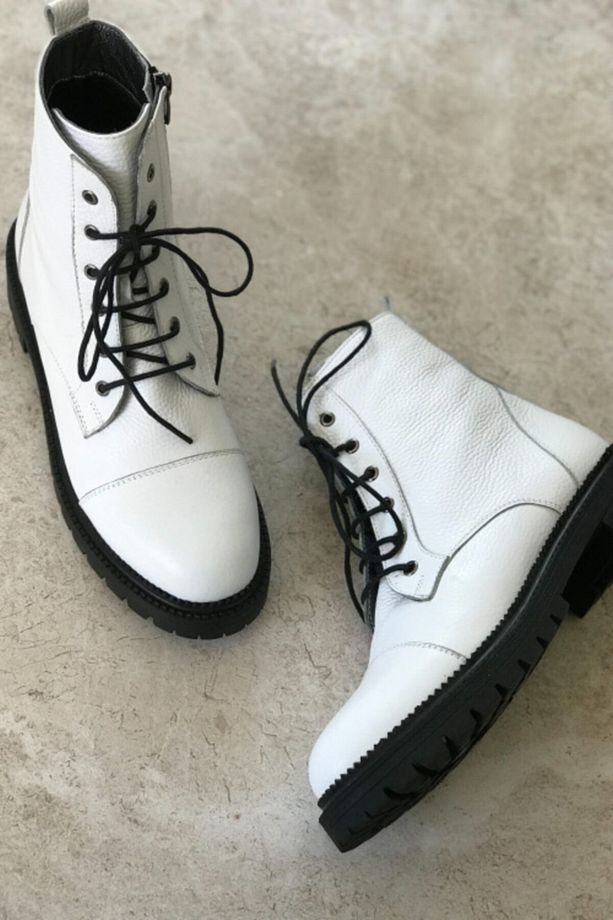 Kadın Beyaz Hakiki Deri Bağcıklı Bot & Bootie - 4