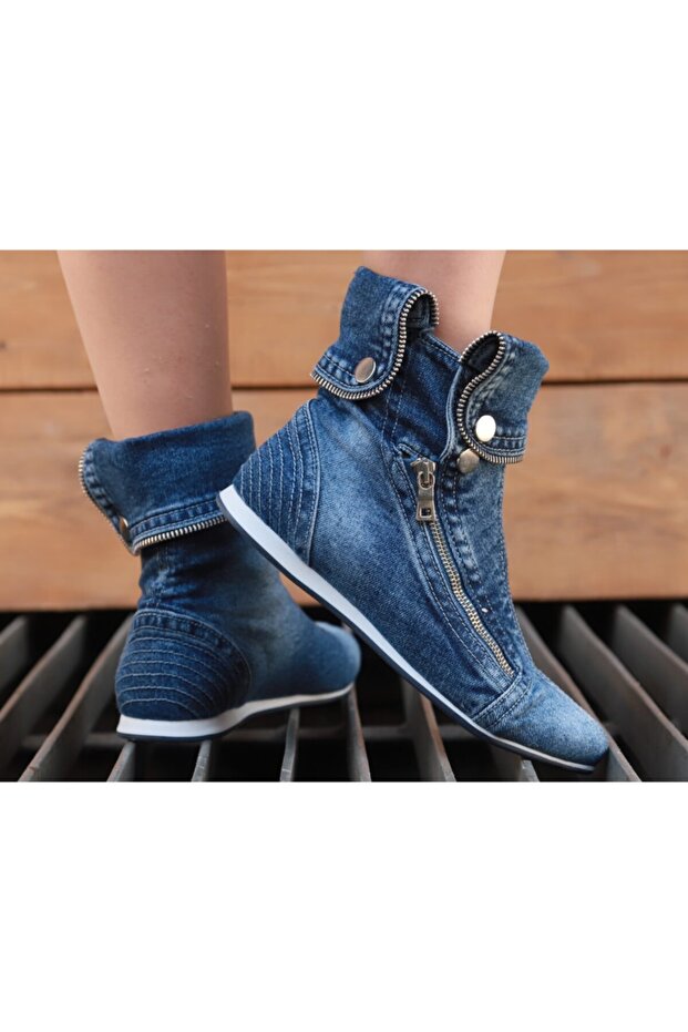 Kadın Mavi Çıtçıtlı Kot Bot - 3