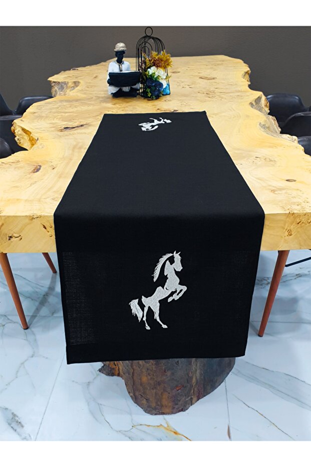 Silver Horse Embroidered Imported Linen Placemat, Runner 40x140cm Black