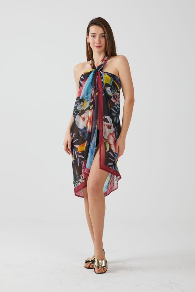 Ays Home Tropical Pattern Claret Red Pareo Beach Dress