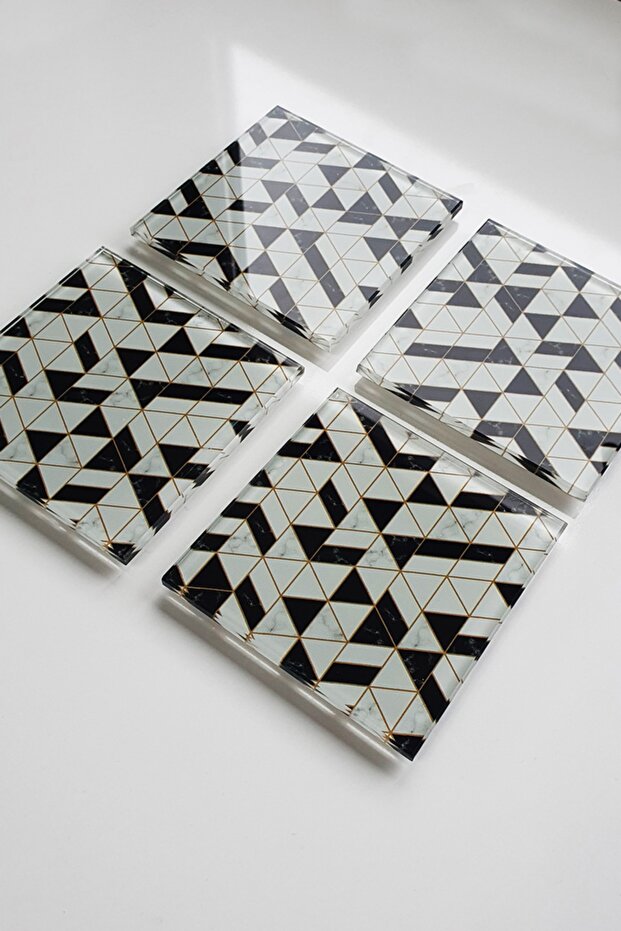 Glass Coaster| Set of 4 Black Gold| 10cm X 10cm