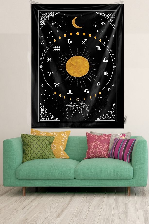 Astroloji Gökyüzü Yıldız Takımı Leke Tutmaz Kadife Dokulu Kumaş Duvar Örtüsü Duvar Halısı Tapestry - 1