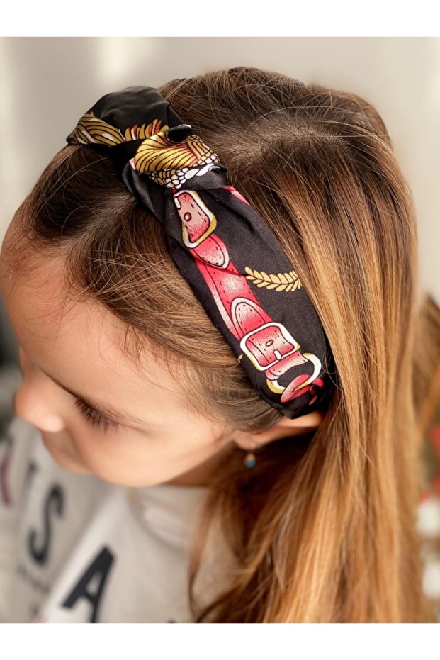 Satin Knotted Wide Scarf Scarf Chain Patterned Crown Women's Children's Crown Black