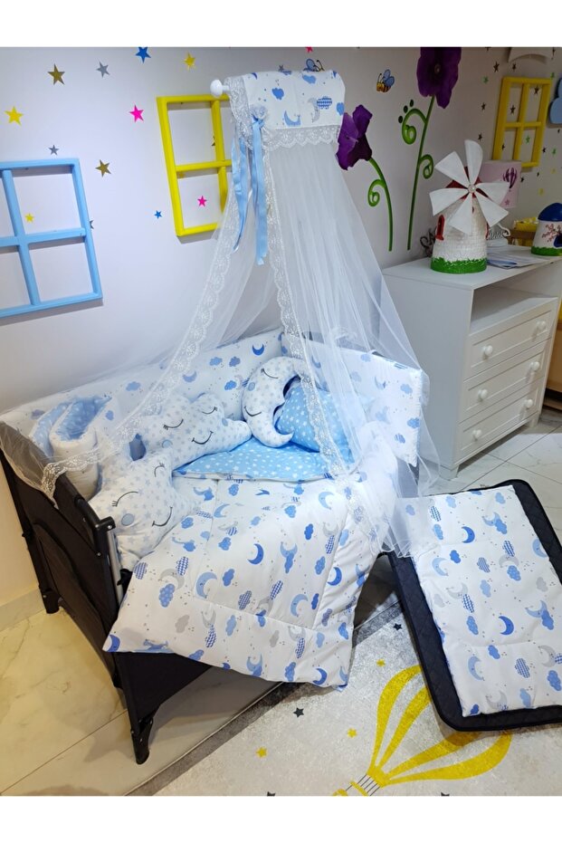 12 Piece Baby Sleeping Set with Mosquito Net for 70x110 Park Crib - Blue Crescent Star Pattern (Excluding Crib)
