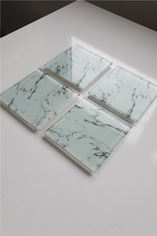Glass Coaster| Set of 4 White Marble Look| 10cm X 10cm