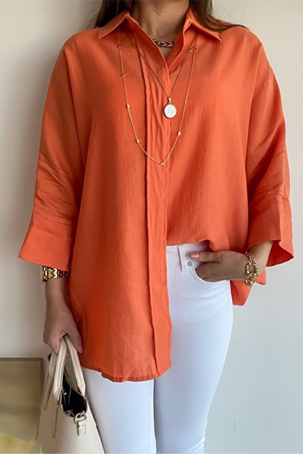 Women's Orange Hidden Button Wide Bat Sleeve Loose Fit Oversize Shirt 50% Viscose 50% Cotton