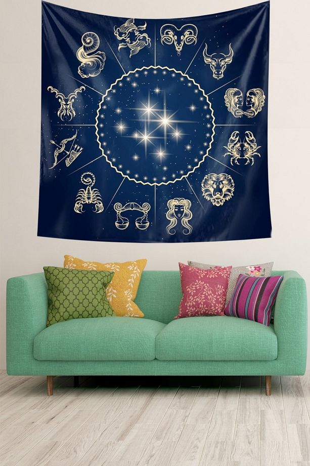 Astroloji Burçlar 12 Burç Desen Leke Tutmaz Kadife Doku Kumaş Duvar Örtüsü Duvar Halısı Tapestry - 1