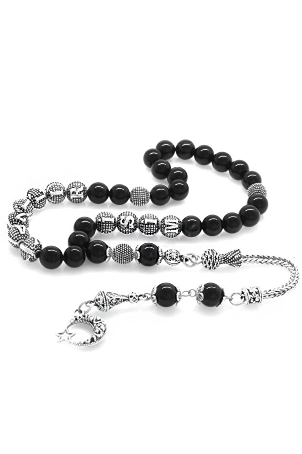 Non-Tarnish Metal Tasseled Globe Cut Onyx Natural Stone Rosary with Name Writing