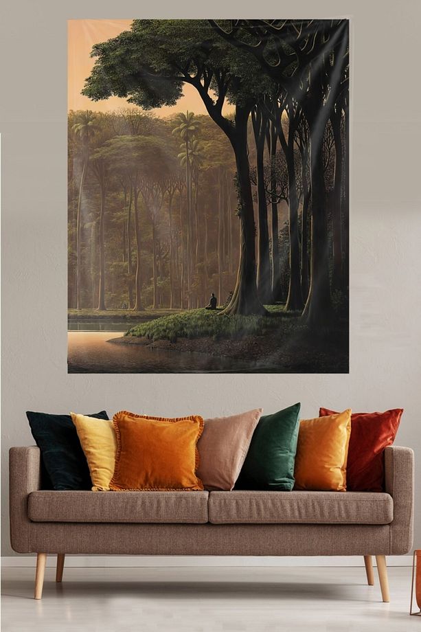 Ormanda Oturan Insan Leke Tutmaz Kadife Dokulu Kumaş Duvar Örtüsü Duvar Halısı Tapestry - 1
