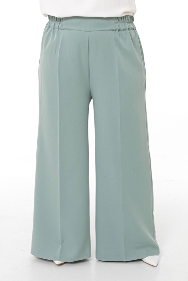 Plus Size Wide Leg Double Mint Green Trousers with Elastic Waist and Side and Back