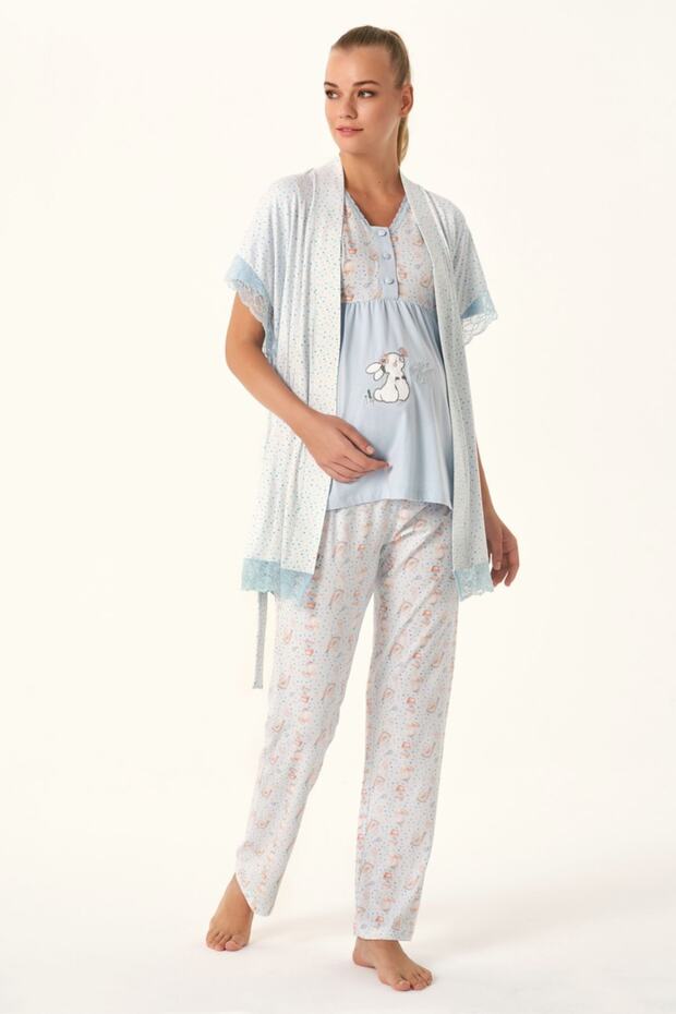 Feyza 4483 Women's Blue Rabbit Printed Maternity Pajamas Set with Dressing Gown