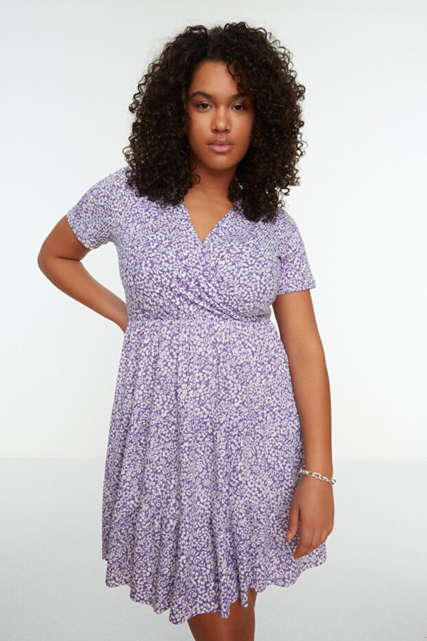 Люлякова плетена рокля с голям размер с флорален принт с V-образно деколте Tbbss22El1638 - 3