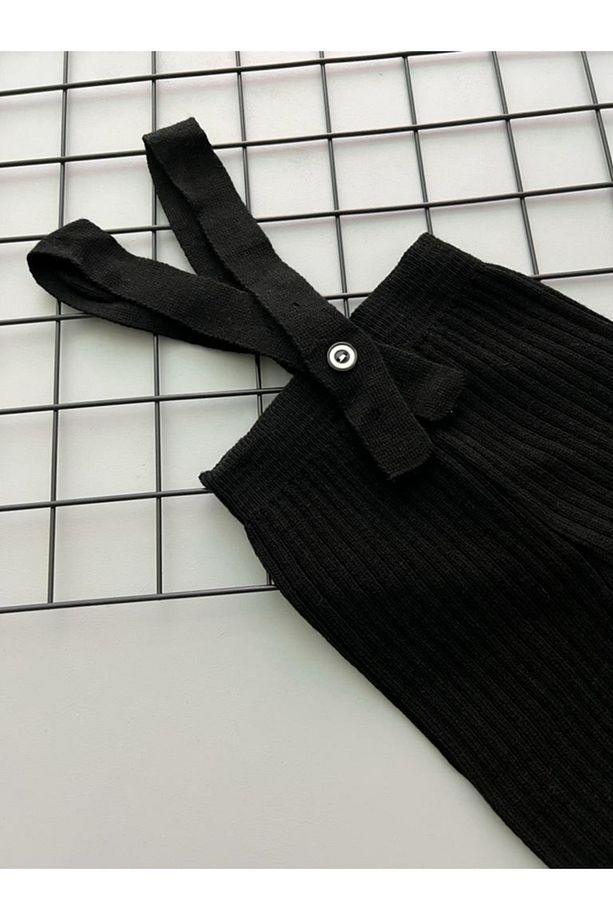 Siyah/Ekru Ikili Set Yüksek Bel Önden Çapraz Askılı Fitilli Unisex Bebek Triko Tayt Pantolon - 6