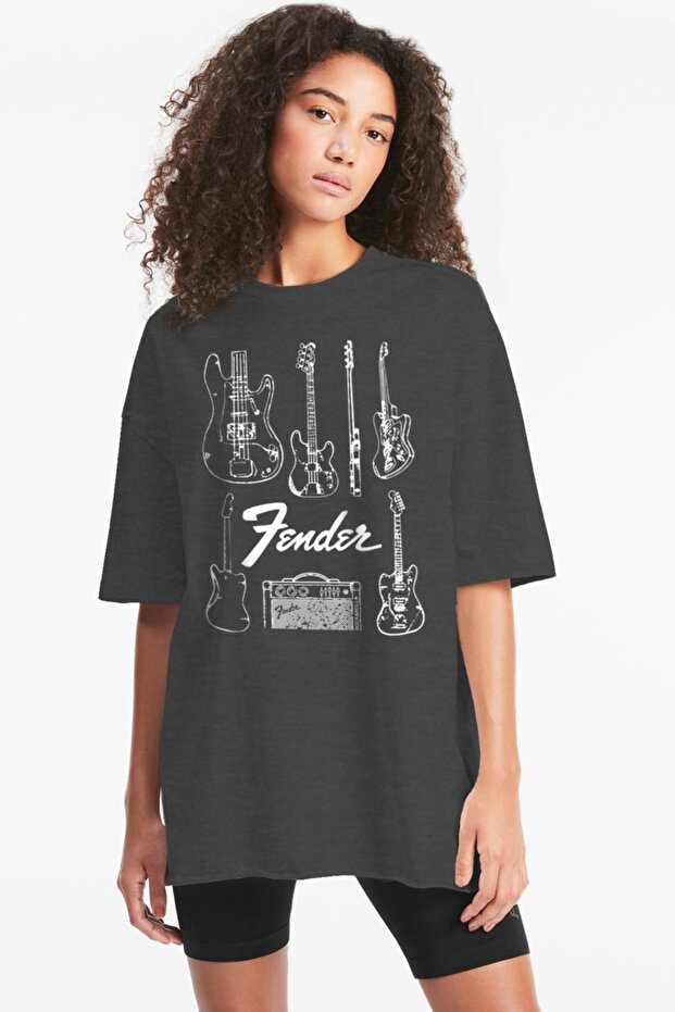 تي شيرت نسائي من Fender Guitar Anthracite بأكمام قصيرة مقاس كبير