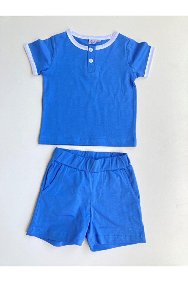 Dark Blue Buttoned T-shirt with Shorts Set 100% Cotton T-shirt