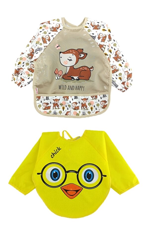 Gazelle and Chick Pattern 2-Piece Combination Waterproof Sleeves Baby Bib 6-24 Months